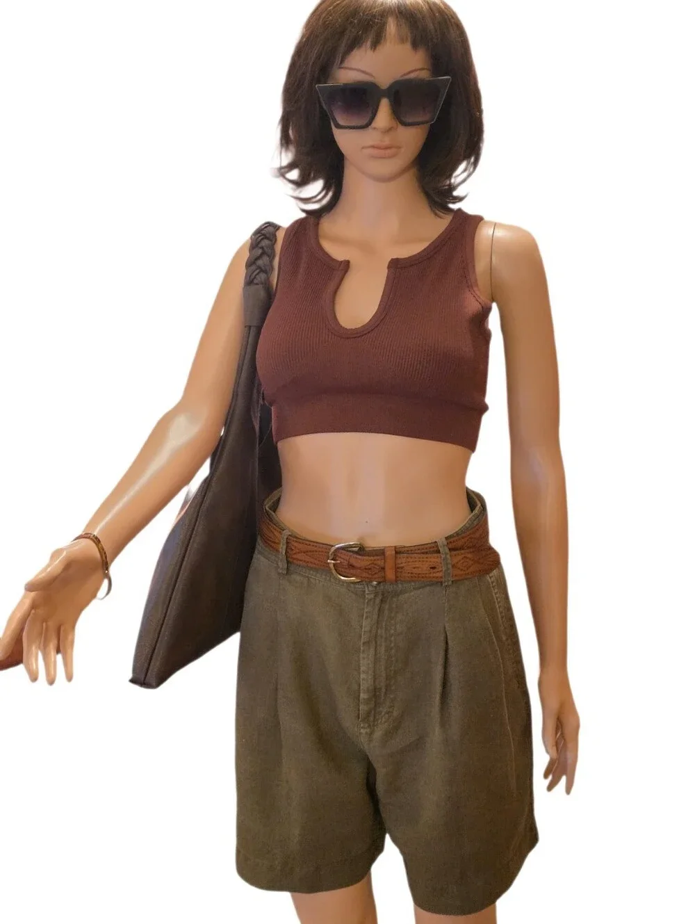 Terramar Chic Chocolate Brown Faux Leather Hobo Bag Braided Strap Accent Beads